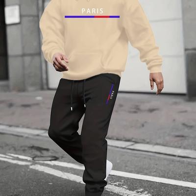 TEMU Men's Paris-inspired Athletic Hoodie & Jogger Set - Blue With Geometric Print, Long Sleeves, Drawstring Pants - Casual Polyester Sportswear For Fall Image