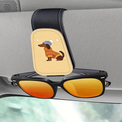 TEMU 1pc Winter Sausage Dog Creative Print Car Visor Fashion Glasses Holder Clip, Magnetic Pu Glasses Hook, Vehicle Ticket Card Holder Sunshade Stand, No Damage Installation, Suitable For Models Image