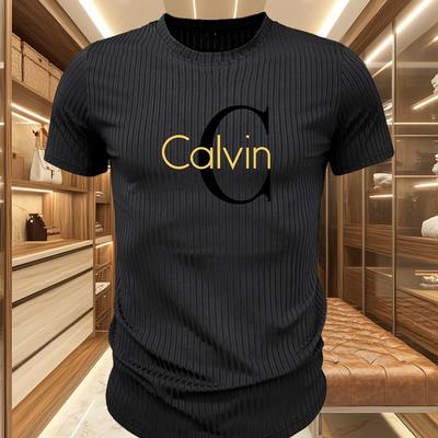 TEMU Men's Graphic T-shirt - Casual Crew Neck, Short Sleeve, Stretchy Ribbed Fabric, Geometric , Regular Fit, Blue With Golden Lettering, Sports Or Leisure Image