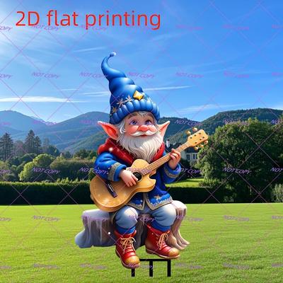 TEMU [2d Flat] Whimsical Gnome Guitarist Garden Stake - 2d Flat Printed Outdoor Decor, Yard, Lawn, Bonsai & Flowerbeds, Ideal Christmas Gift For , No Power Needed, Gnome Garden Decor Image