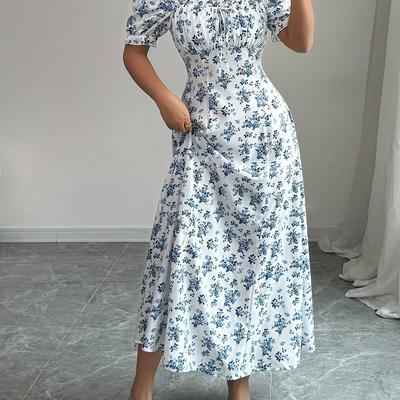 TEMU Women's Elegant Floral Print Dress With Square Neck And Short Sleeves - Long, Flowy A- With Ruffle Details, Spring, Summer, And Fall, Casual Dress|floral Print Dress|square Neckline Image