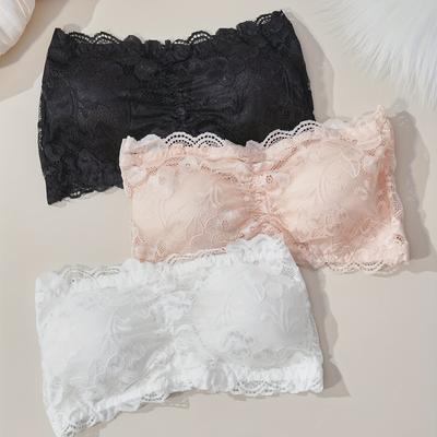 TEMU 3-pack Mature Style Polyamide Bralette With Removable Padding, Solid Color Knit Fabric, Sexy Lace Strapless Bandeau With 3 Hooks, Wireless Underbust Vest For Women Image