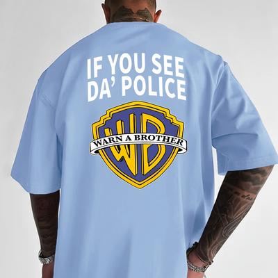 "TEMU Men's "warning Brother" Graphic Tee - Casual Crew Neck Short Sleeve T-shirt, Comfortable & Versatile For Spring And Summer, Blue With Yellow Print, Loose Fit" Image