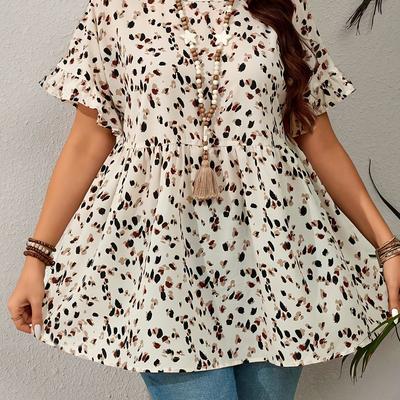 TEMU Plus Size Women's Casual Elegant Blouse - Wide-legged Sleeve Leopard Print Pattern, Round Neck Machine Washable Spring/summer Top, Spring Fashion, Sleeves, Breathable Material, Image