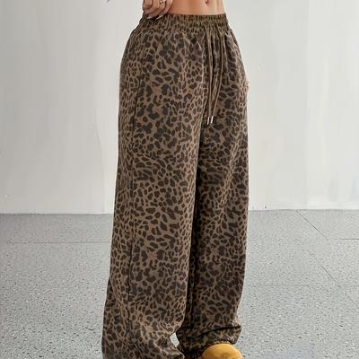 TEMU Women's Leopard Print Wide-leg Pants - Drawstring Waist, Polyester, Casual & Stylish For Spring/summer/fall, Comfortable Loafers, Casual Wear|leopard Print Pants|drawstring Waistband Image