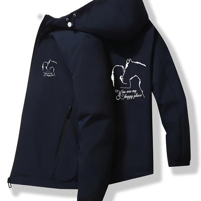 "TEMU Men'-themed Hooded Jacket - "you Are " Casual Spring/fall Outerwear, Black With White Equestrian Print, Zip-up With Pockets, Non-stretch Polyester, Weekend" Image