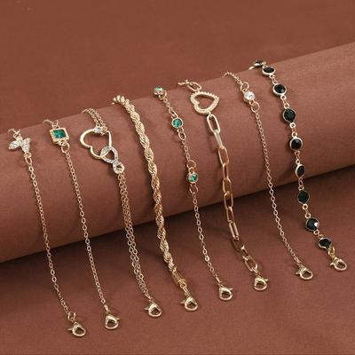 TEMU Elegant 8-piece Women's Bracelet Set - With Rhinestone Accents, Alloy, Heart & Geometric Shapes, Versatile For Daily & Party Wear, Jewelry Gift Set Image