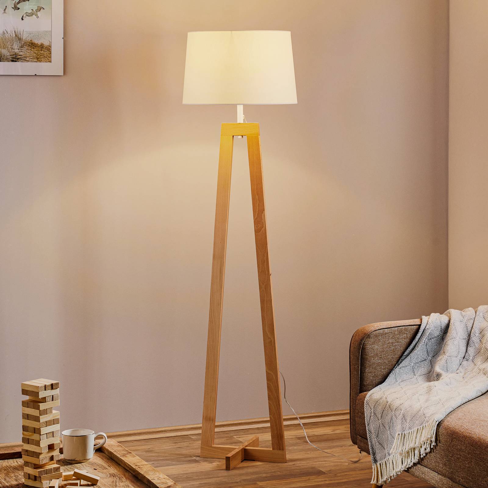 Aluminor Lampadaire Sacha LS en bois et tissu, blanc