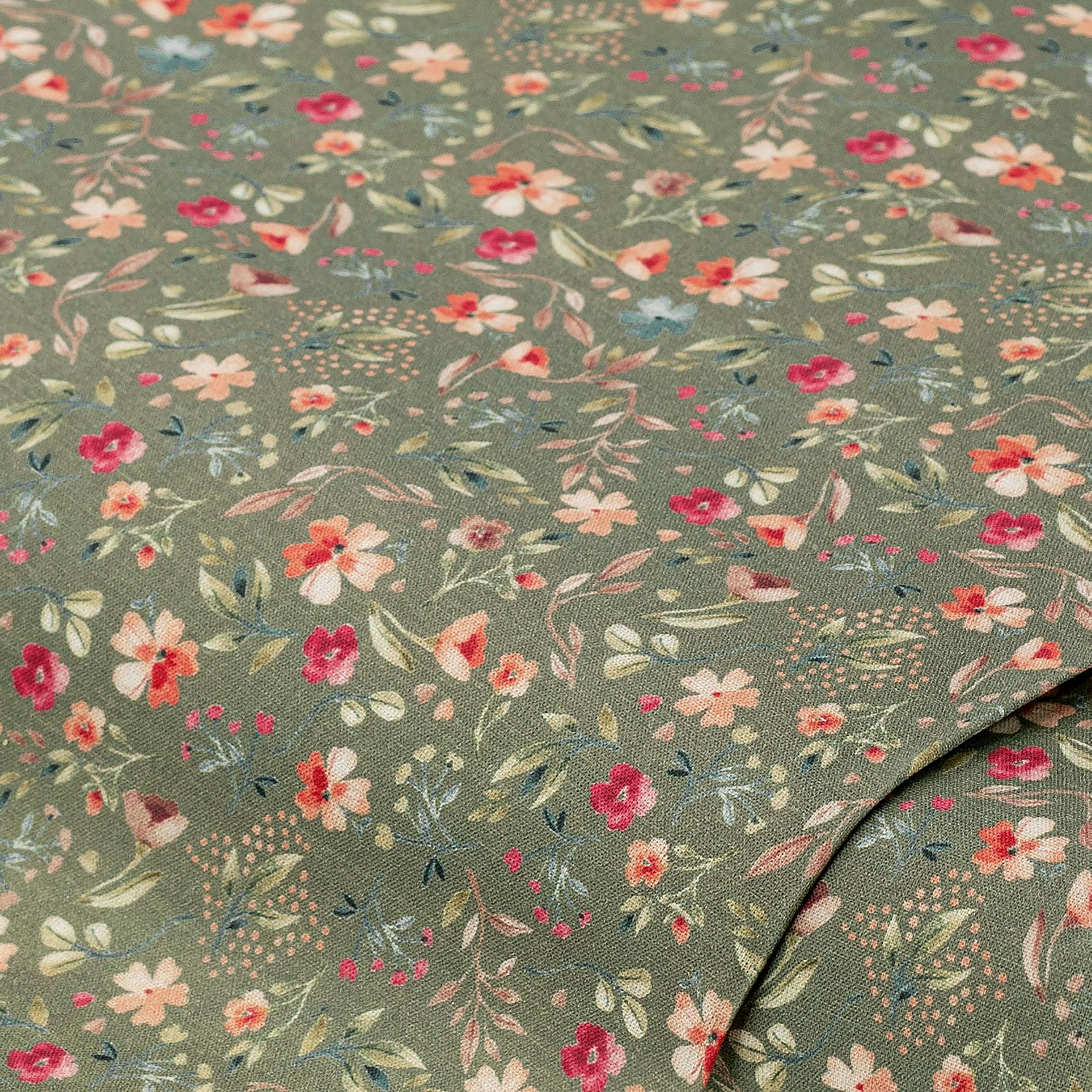 Baumwollstoff Vintage „Blümchen“, grün-color