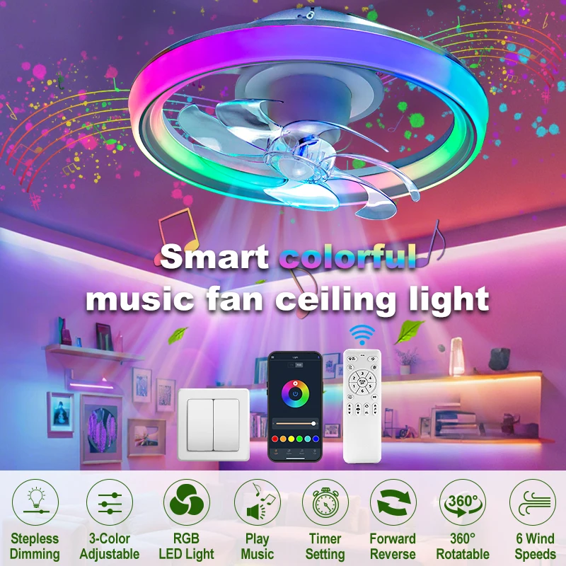 Deckenventilator mit LED-Licht und Lautsprecher, Deckenventilator mit sechs Geschwindigkeiten, RGB-Fernbedienung, APP-Steuerung, dimmbar, 360° ° Restaurantleuchte mit rotierendem Kopf Image