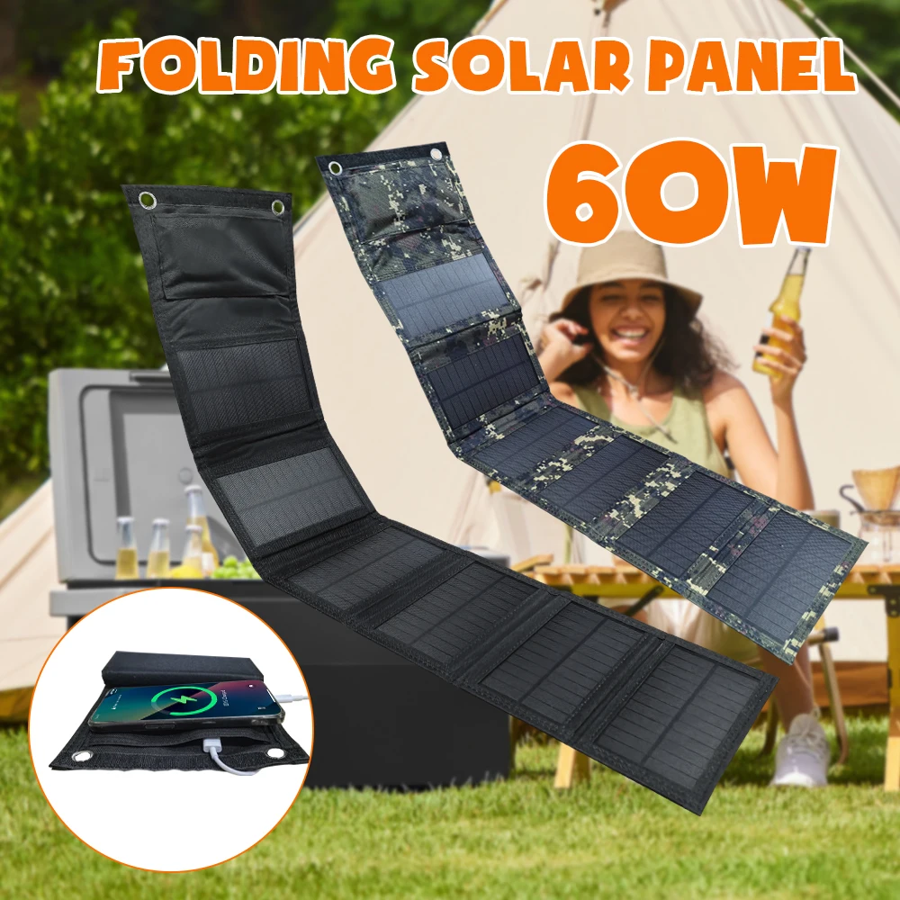60W Tragbare Polysilizium Solar Panel Ladegerät USB 5V DC Faltbare Solar Panel Für Telefon Ladung Power Bank für Wandern Camping Image