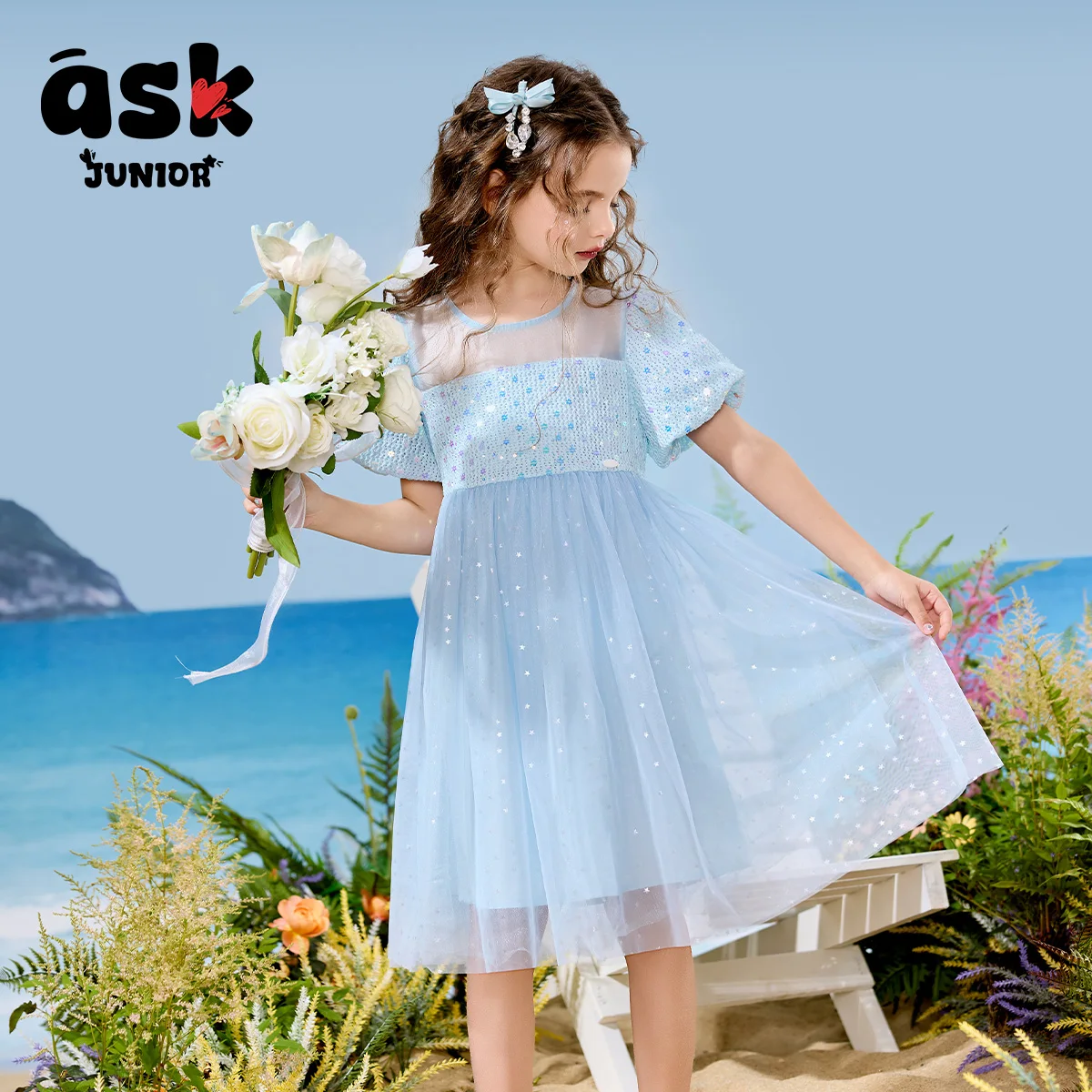 Kinder Sommer Mädchen Pailletten Flauschige Mesh Blase Ärmel Prinzessin Kleid Image