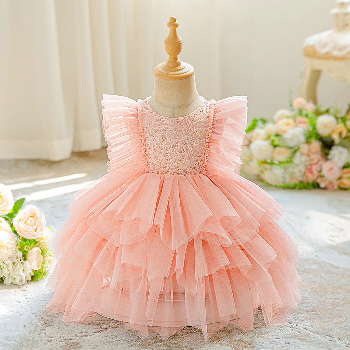 Fliegenärmel Party Baby Mädchen Kleid Elegante Spitze Hochzeit 1. Geburtstag Brautjungfern Ballkleid Kleinkind Blumen Taufe Mädchen Kostüm Image
