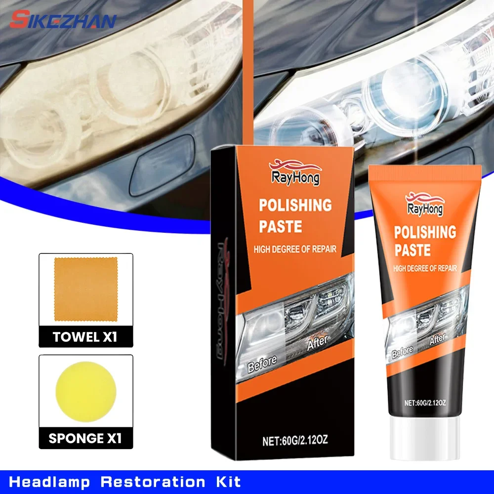 60g Scheinwerfer-Restaurierungsset mit Schwamm und Handtuch, Aufheller, Scheinwerfer, Kratzer, Entfernen, Aufarbeitungswerkzeuge, Autolampe, Linse, Polierpaste Image