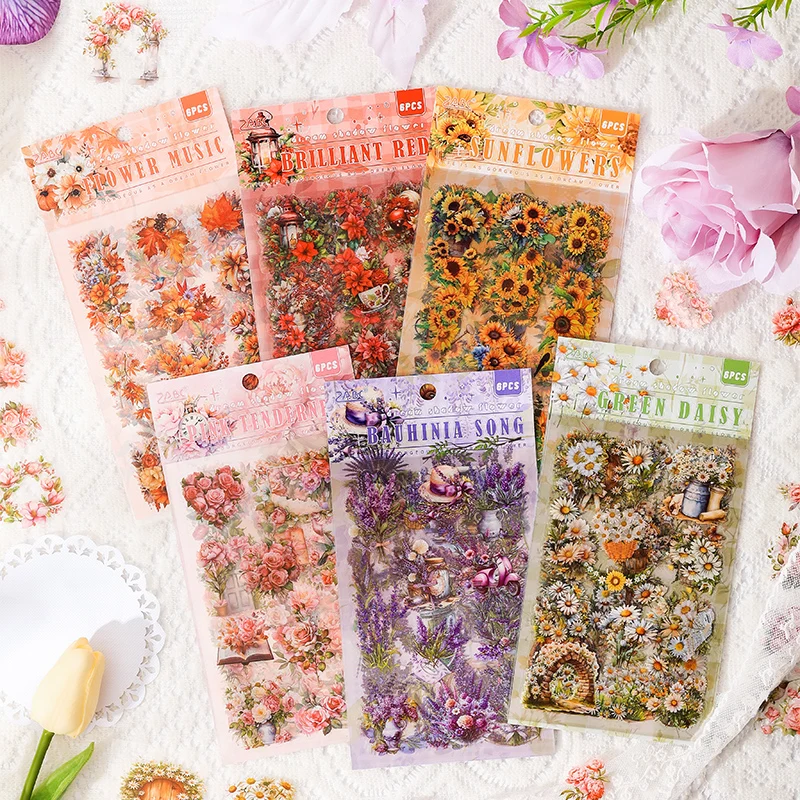 6 Sheets Flowers Stickers Die cutting PET Material DIY Scrapbooking Art Collage Stationery Planner Decor Diary Stickers