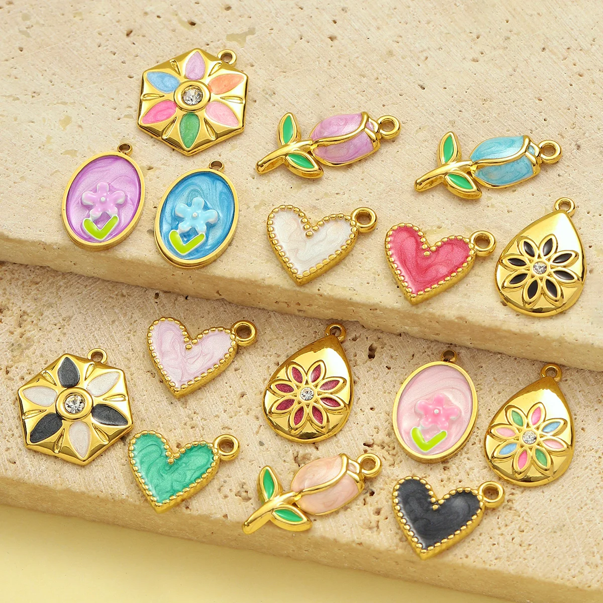 3 teile/los Süße Gradienten Emaille Rose Edelstahl Diy Charme Frauen Regenbogen Blume Waterdrop Halskette Anhänger Liebe Herz Schmuck Image