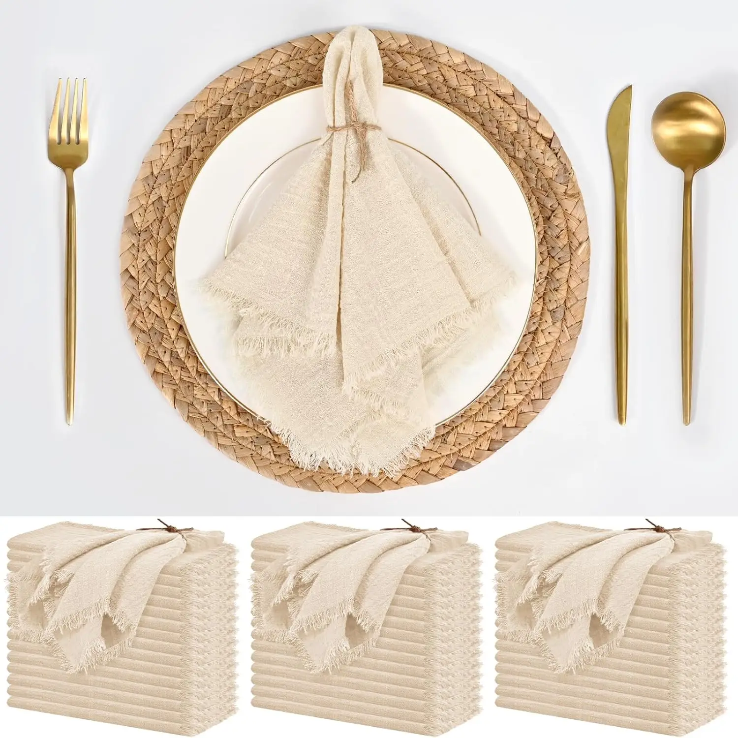 50 Stück 32 x 32 cm handgefertigte Baumwollstoff-Servietten, 100 % Baumwoll-Gaze-Servietten mit Fransen für Abendessen, Partys, Hochzeiten, Geschirrtuch Image