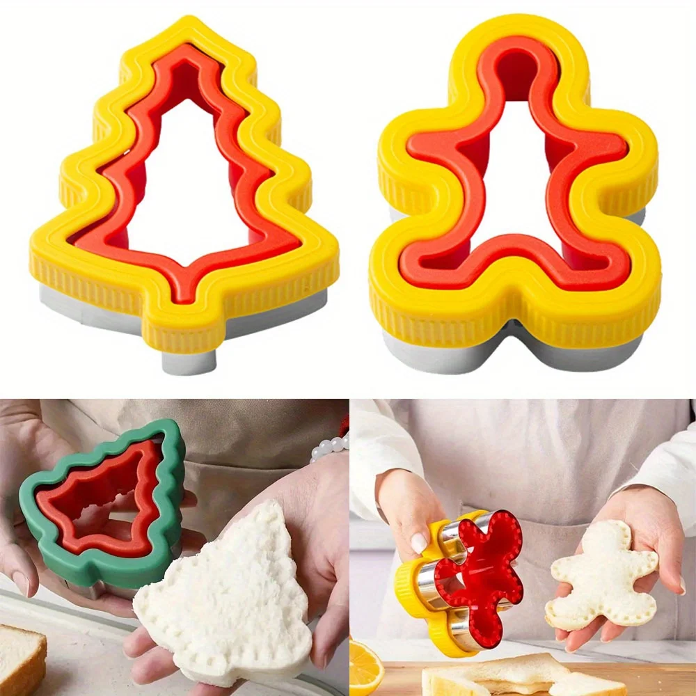 2 Stücke Weihnachtsbaum Lebkuchenmann Sandwichschneider Edelstahl Cookie Brot Versiegelung DIY Frühstück und Mittagessen Backwerkzeuge Image