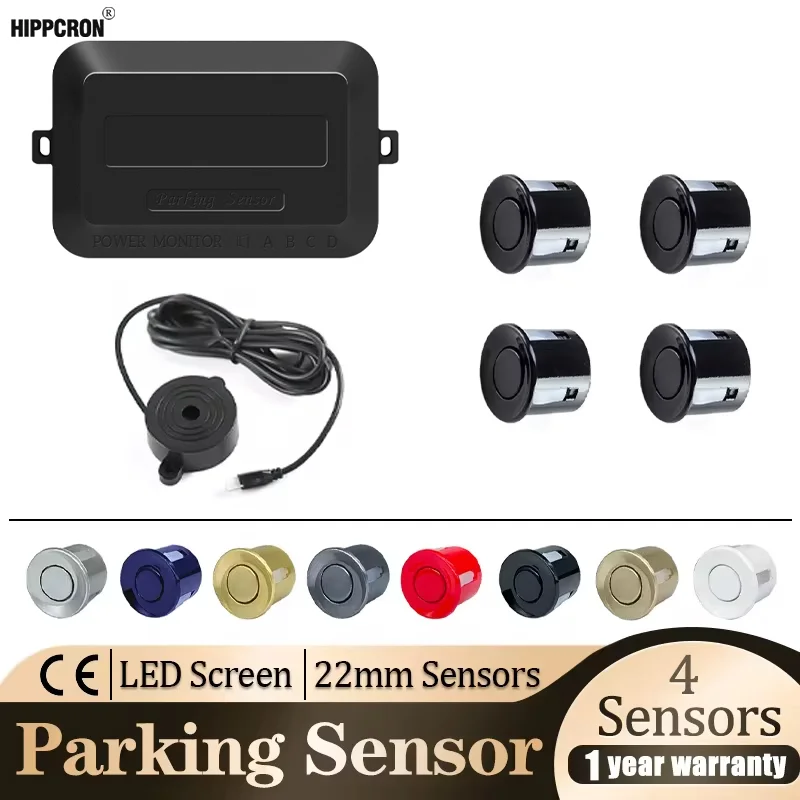 Hippcron Summer Auto-Parksensor-Set, Backup-Radar, Schallalarm, Anzeige, Sondensystem, 4 Sensoren, 22 mm, 12 V, 8 Farben Image