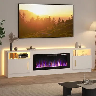 Fireplace tv Stand with 36 inch Fireplace Up to 90" TVs, LED Light Entertainment Center and Storage,