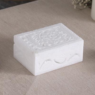 'Floral Leaf Hand-Carved Rectangular Alabaster Decorative Box'