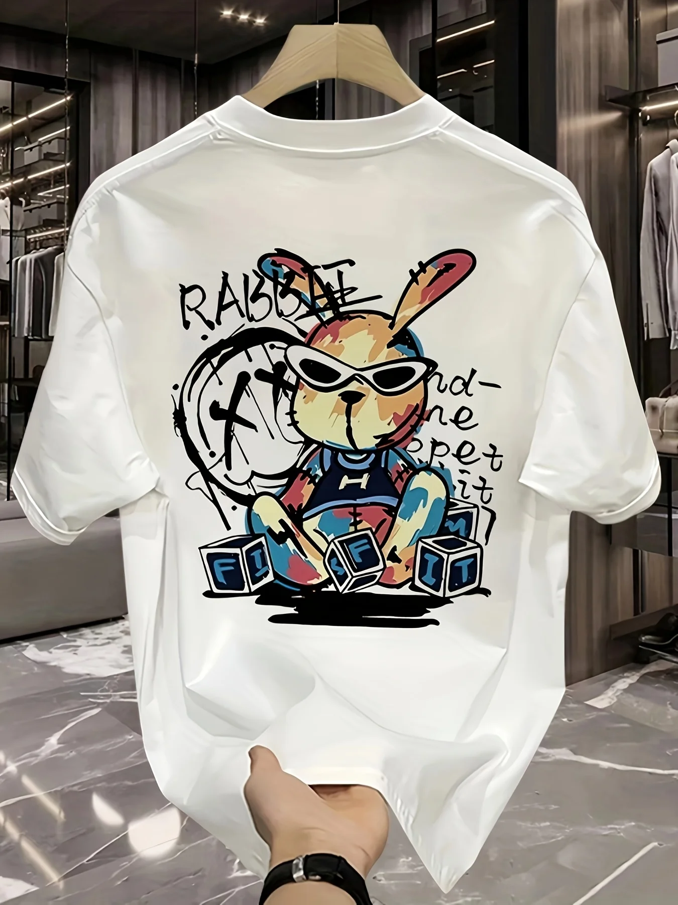 T-shirt à manches courtes et col rond pour hommes, 100% pur coton, à la mode, décontracté, ample, motif de dessin animé de lapin noir imprimé, été