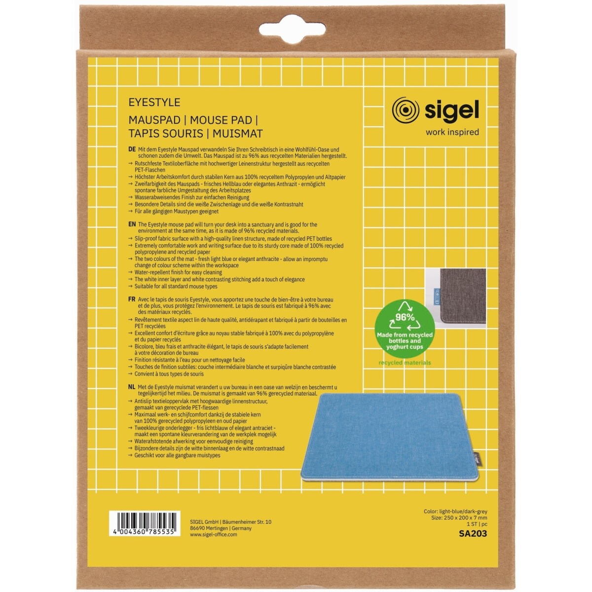 Sigel Mauspad hellblau-dunkelgrau RPET RPP 250x7x200mm Image