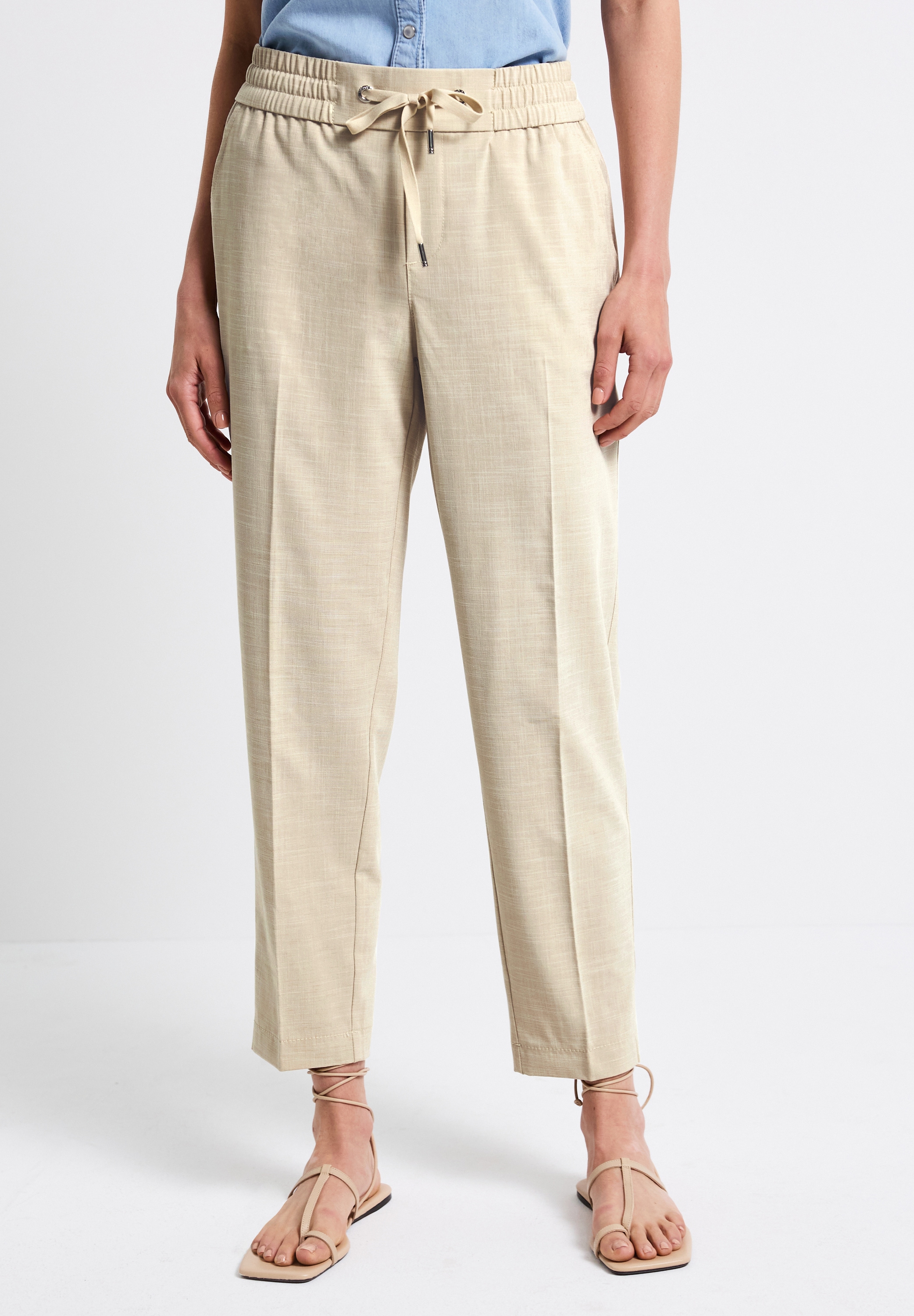 Bügelfaltenhose STREET ONE, Damen, Gr. 46, Länge 28, beige (coastal beige), Stoff, 54% Polyester, 43% Viskose, 3% Elasthan, unifarben, loose fit knöchelfrei, Hosen, Middle Waist