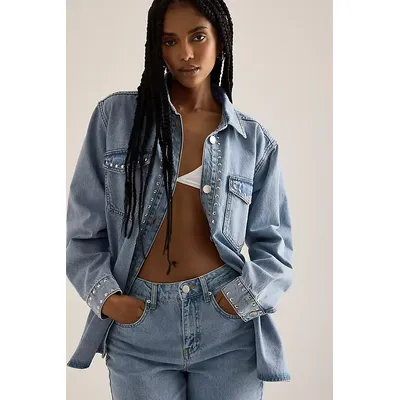 Studded Oversized Long-Sleeve Denim Shirt