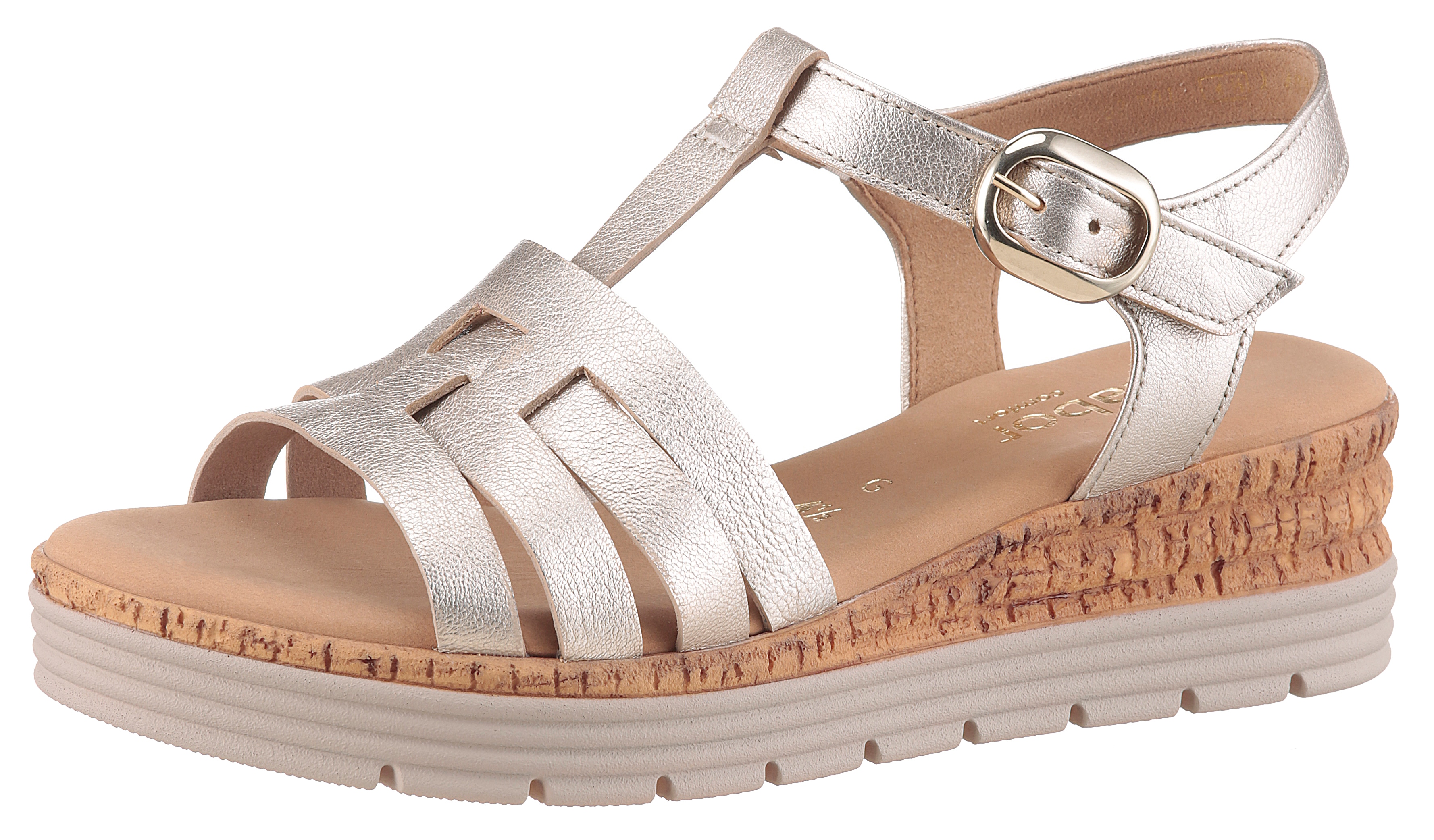 Keilsandalette GABOR "GENUA", Damen, Gr. 36, gold (goldfarben), Glattleder, metallic, Schuhe, Riemchensandale, Sommerschuh mit Klettverschluss, G-Weite