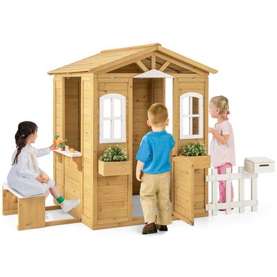 Natural Fir Wood Kids Playhouse with White Windows, Bench and Flowerpot Holders - 80.5