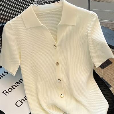 TEMU Chic Summer Collar Knit Top - Slim Fit, Short Sleeve, Solid Color, Lightweight Blend For Casual Wear, Everyday | Ribbed Texture Design | Lightweight Knit, Shirt Image