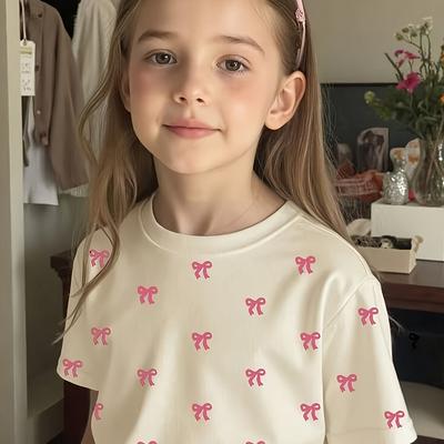 TEMU 14 Girls' Casual Minimalist Short Sleeve Round Neck T-shirt, Pattern, Stretch Knit Fabric, Regular Fit, For Summer And Campus Wea Image