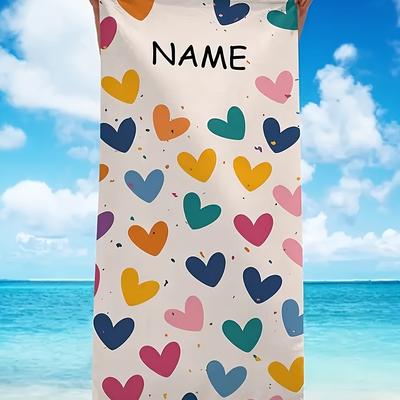 TEMU Customizable Beach Towel With Personalized Message - Super Absorbent Microfiber, Vibrant Heart Pattern For Swimming, Camping, Sunbathing - Ideal Gift For Family & Image