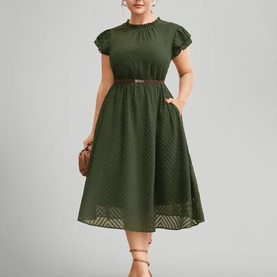 TEMU Solid Color Geometric Layered Sleeve Pocket Ruffle Neck Mini Dress, Beltless Image