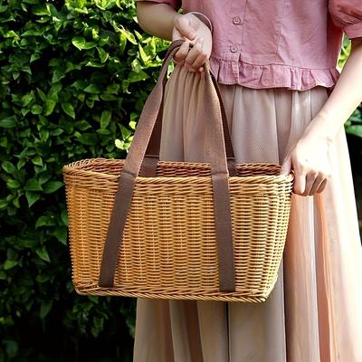 TEMU 1 Handmade Wicker Basket - Vintage Style With Brown Leather Handles, Durable Plastic Woven For Outdoor Picnics, Home Storage & Decor - , Mother’s Day Gift Idea, Picnic Essentials Carrier Image