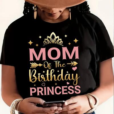 "TEMU Women's Casual Short Sleeve T-shirt - "mom Of The Birthday Princess" Graphic Print With Crown & Stars, Round Neck Top, Machine Washable Fit, Ladies T Shirts, , Medium Elasticity Fabric" Image