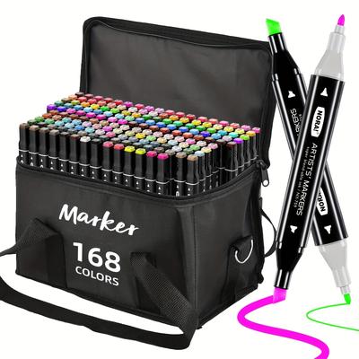 TEMU 168 Color Markers, Permanent Dual-tip Art Markers With Brush And Chisel Tips For Coloring, Illustration, Painting, Sketching, Great For Adults With Carrying Case Image