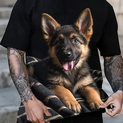 TEMU Men's 3d German Shepherd Puppy Print T-shirt, Comfortable Stretch Crew Neck Short Sleeve Tee, Casual Streetwear For Spring, Summer & Fall Image