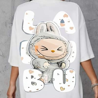 TEMU Women's Cartoon Rabbit & Hearts Graphic Print Drop Shoulder T-shirt - Soft Stretchy Fabric, Relaxed Neck Casual Top For , Machine Washable, Rabbit Clothes, Medium Elasticity Image