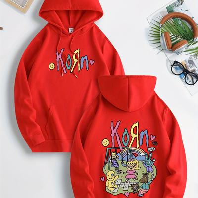 TEMU 1pc Men's Casual Polyester Hoodie With Drawstring - Stretch Knit Fabric, Regular Fit, Alphabet & Cartoon Print, Hooded Sweatshirt Image