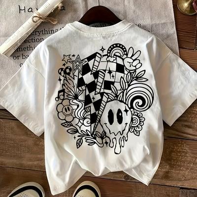 TEMU Women's Casual Round Neck Short Sleeve T-shirt, Geometric Print, Polyester, Regular Fit, , Pullover Top, Knit Fabric Image