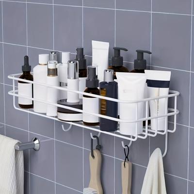 TEMU Wrought Iron Bathroom Shelf With Hooks, Wall Hanging Storage Rack, Painted , No Drilling Required, Single Shelf Organizer For Shower Gel And Toiletries Image
