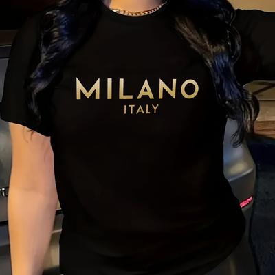 TEMU Women' Italy Graphic T-shirt With Golden Letter Print, Short Sleeve Crew Neck Casual Sports Top, Machine Washable, Wear, Everyday Tshirt | Crew Neck Shirt | Stretchy Fabric, Plus Size Shirts Image