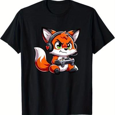 TEMU 100% Cotton Funny Gamer T-shirt - Cute Black Tee With Cartoon Fox Design, Perfect Gift For , Sizes S-xxxl, Machine Washable, Casual Round Neck Short Sleeve Shirt Image