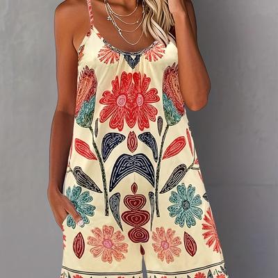 TEMU Women's Elegant Floral Print Sleeveless Jumpsuit With Pockets - Style, Polyester, Round Neck, Casual Chest , Adult Sizes, Casual Attire|floral Print Jumpsuit|polyester Fabric Image