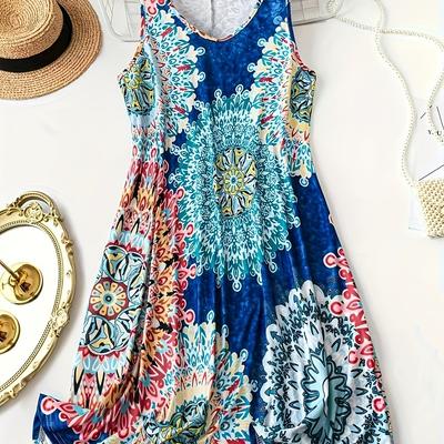TEMU Plus Size Women's Tie-dye Print V-neck Sleeveless Casual Dress Image