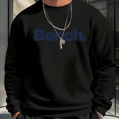 "TEMU 250g Men's Casual Crewneck Sweatshirt With "bench." Graphic Print - Relaxed Fit, Machine Washable, Spring/fall Essential For Men 18-, Everyday | | Textured Fabric" Image