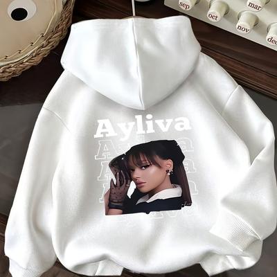 "TEMU Women's Casual Graphic Print Hoodie - Drawstring Sweatshirt With "alyvia" Design & Portrait Illustration, Machine Washable, Beige, Fall & Winter" Image
