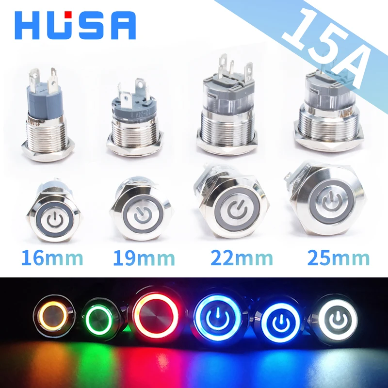 15A 16/19/22/25mm Wasserdichte Metall Druckschalter LED Licht Momentary Rast Auto motor Netzschalter 3 ~ 220 V silver1NO Image